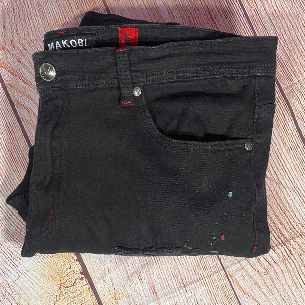 Makobi Distressed Paint Splatter Black Jeans Men’s 40x32 Streetwear Denim - Picture 13 of 13